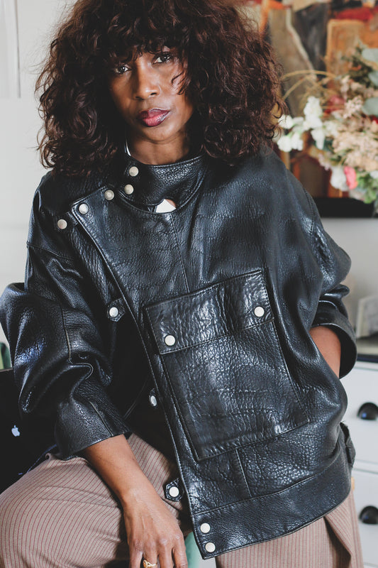 Blouson cuir vintage col montant