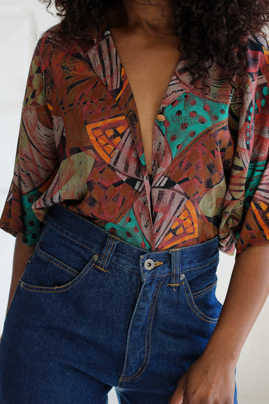 Fait main Chemisier vintage marron abstrait