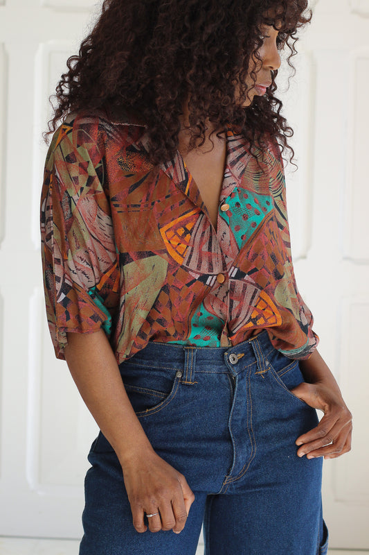 Fait main Chemisier vintage marron abstrait