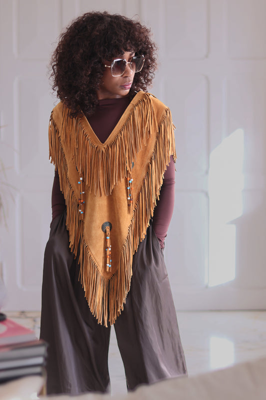 Poncho à franges cuir daim