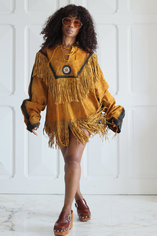 Poncho en cuir à franges esprit western 70s