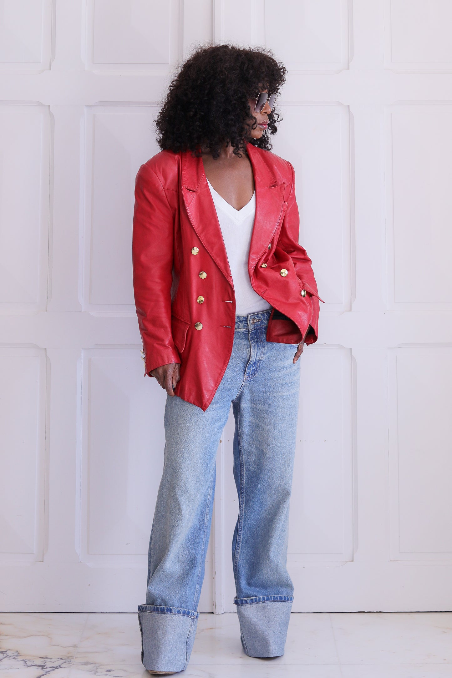 C&A blazer croisé en cuir rouge