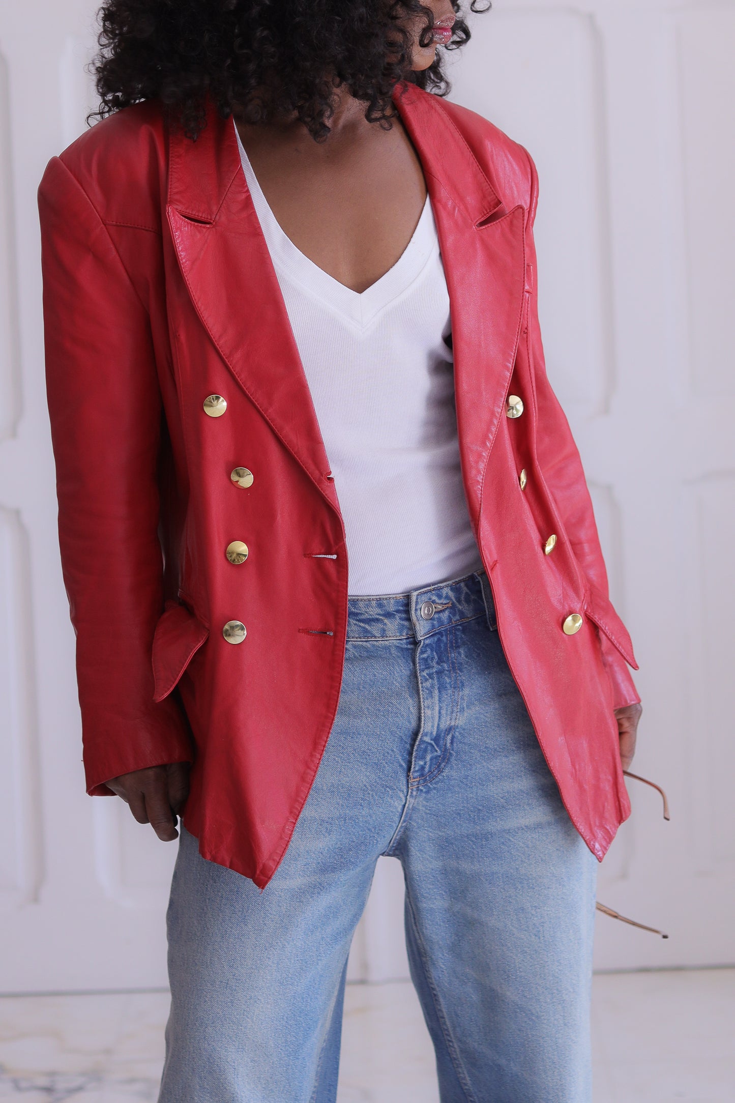 C&A blazer croisé en cuir rouge