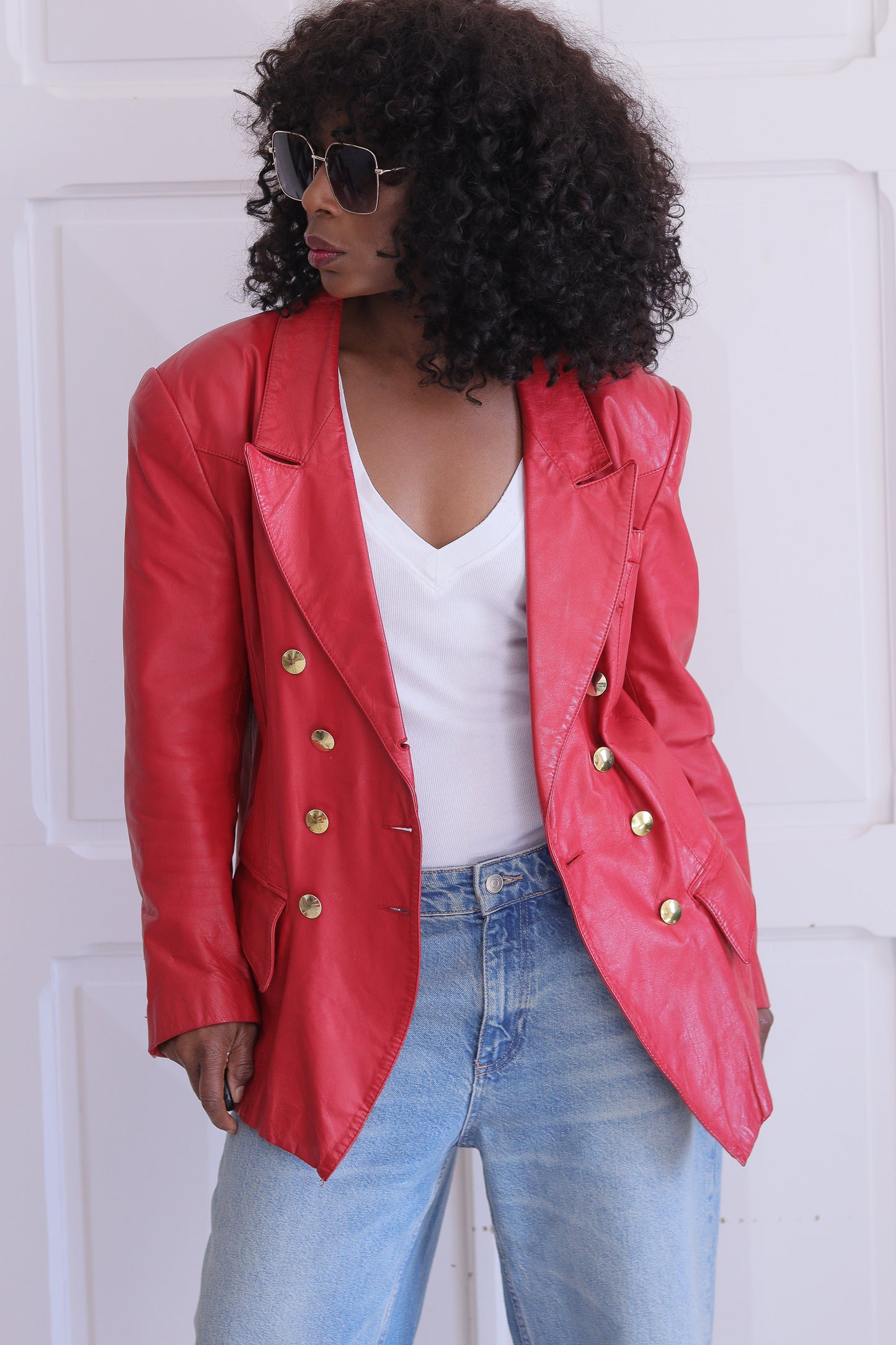 C&A blazer croisé en cuir rouge