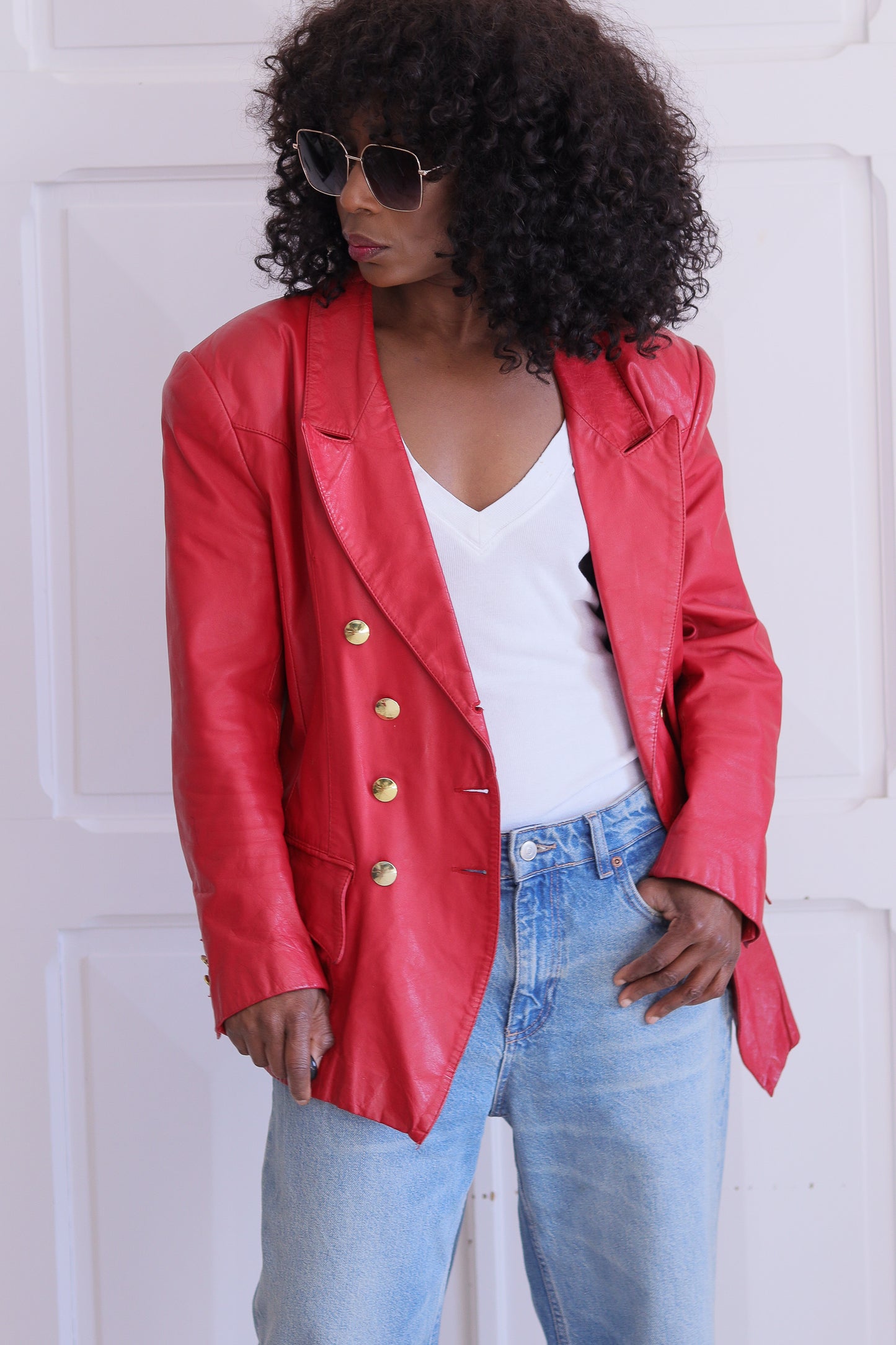 C&A blazer croisé en cuir rouge