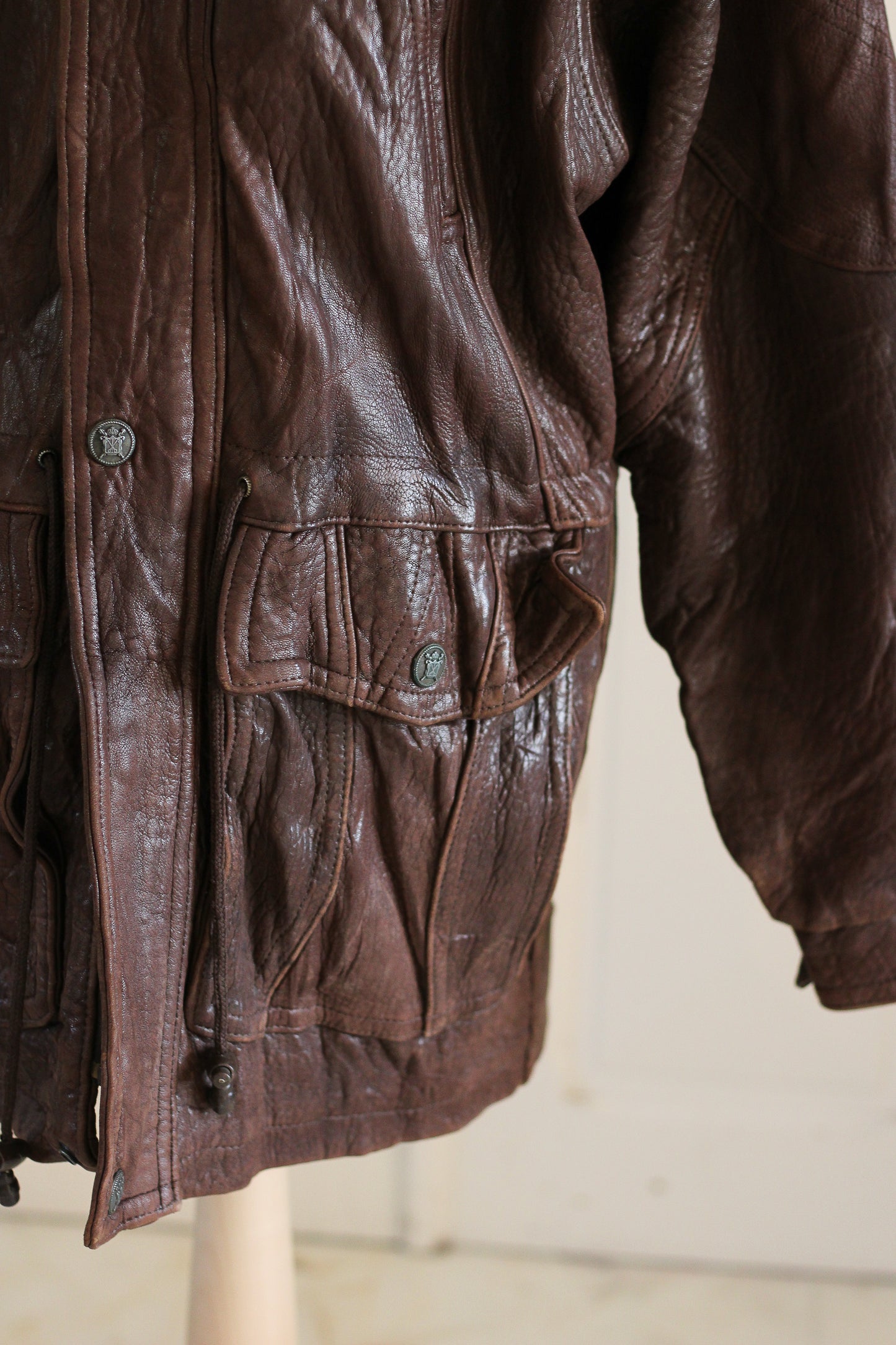 Blouson cuir brun oversize