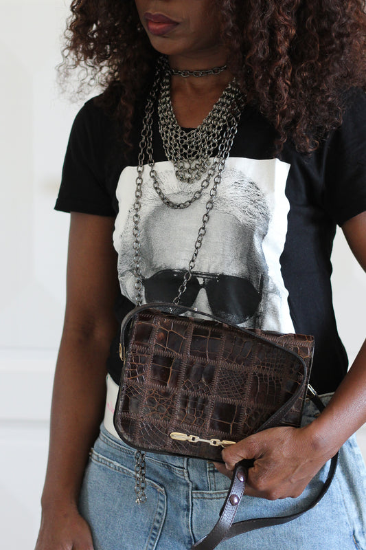 Sac vintage patchwork en cuir brun année 70