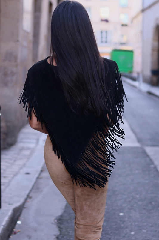 Fait main poncho à franges en cuir daim
