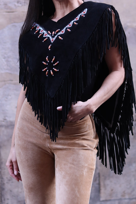 Fait main poncho à franges en cuir daim