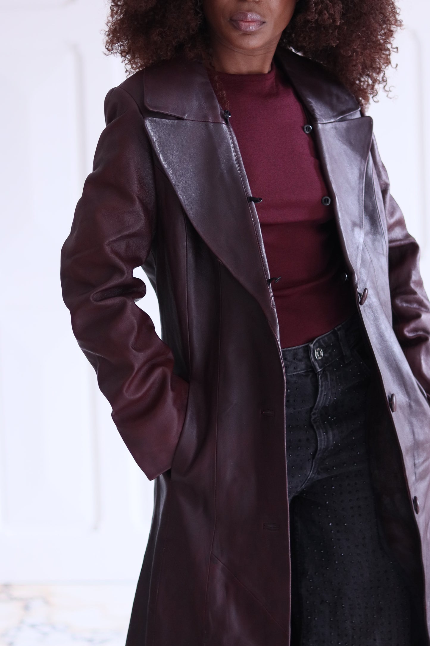 Arturo longue veste en cuir avec col fourrure