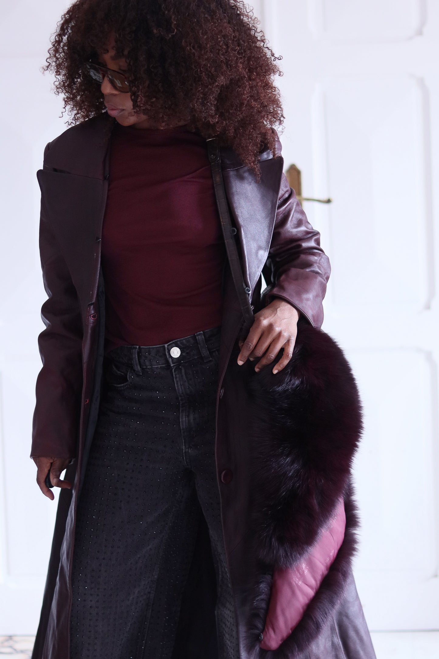 Arturo longue veste en cuir avec col fourrure