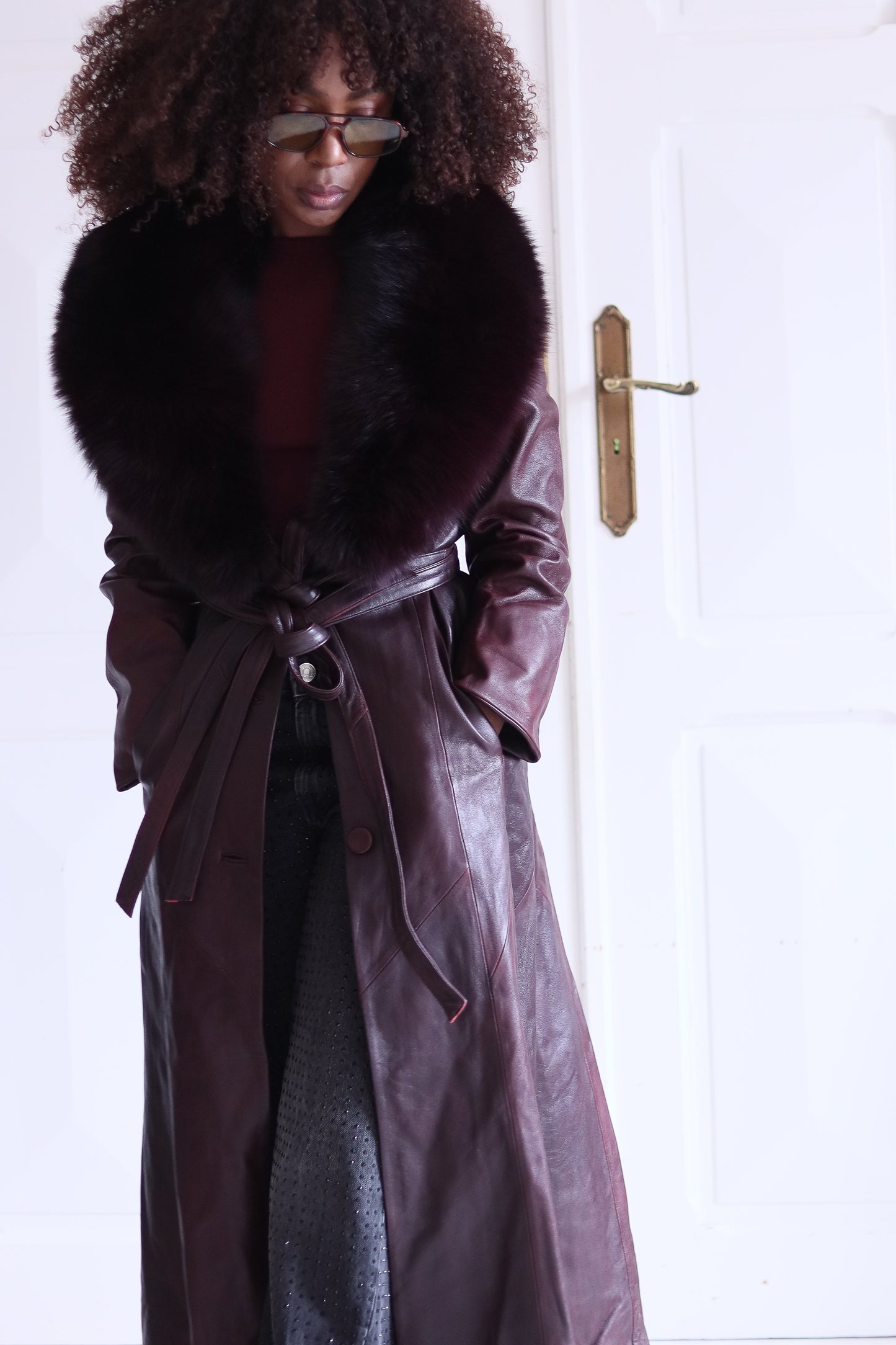 Arturo longue veste en cuir avec col fourrure