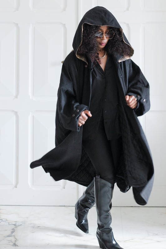 Manteau cape vintage noir à capuche - doublure amovible