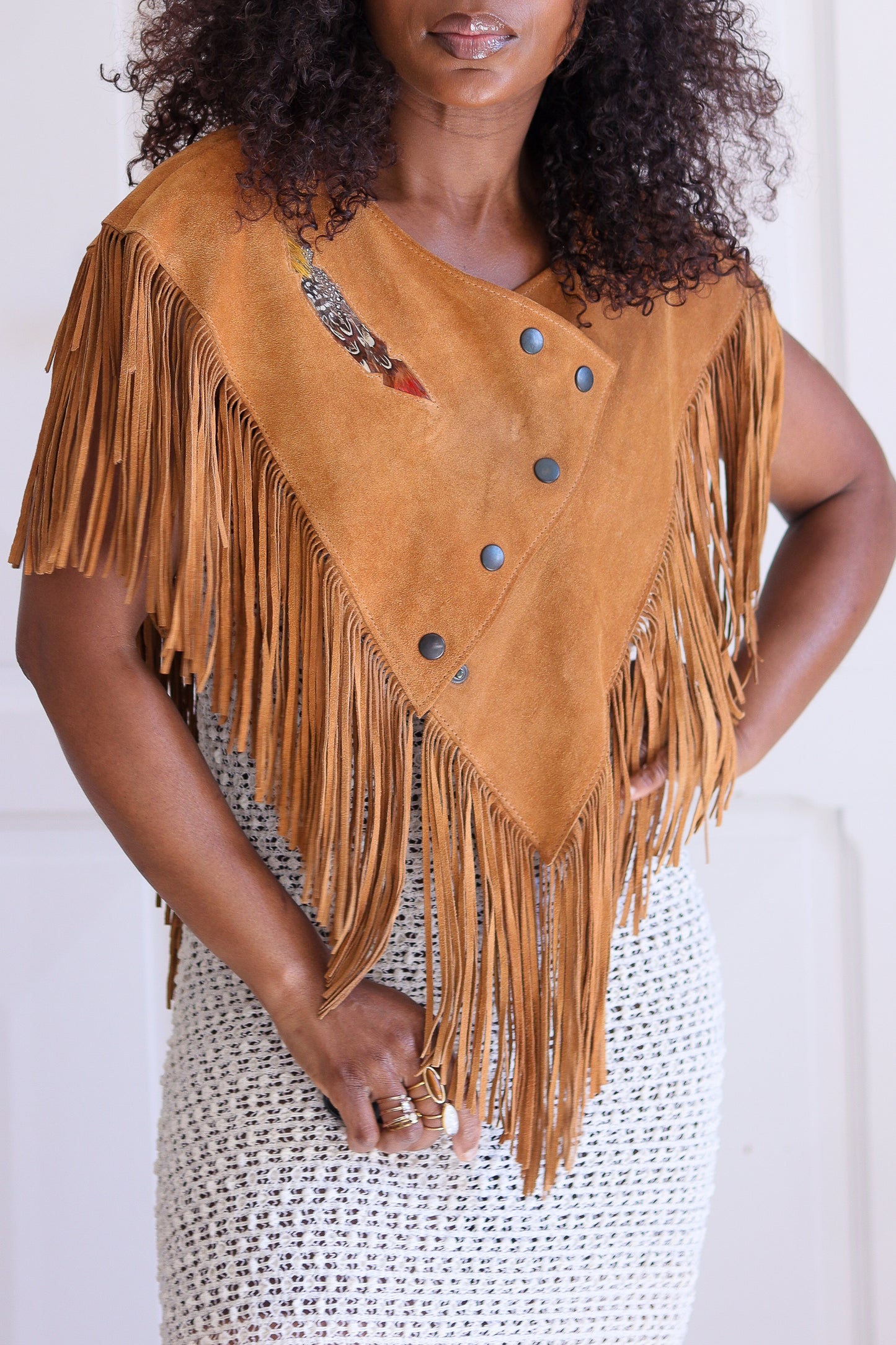 Poncho à franges cuir daim