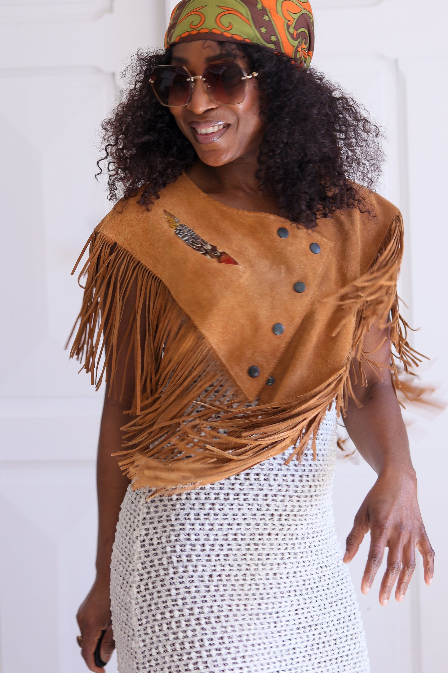 Poncho à franges cuir daim