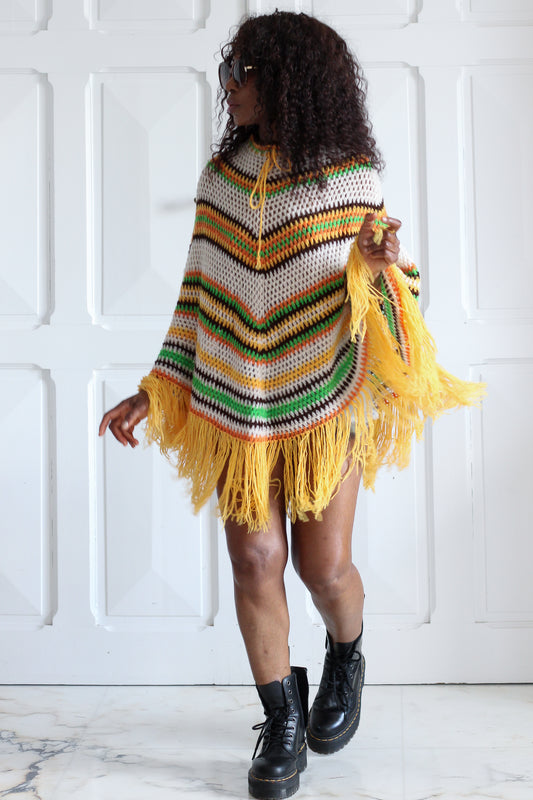 Tricoté main poncho en maille multicolore