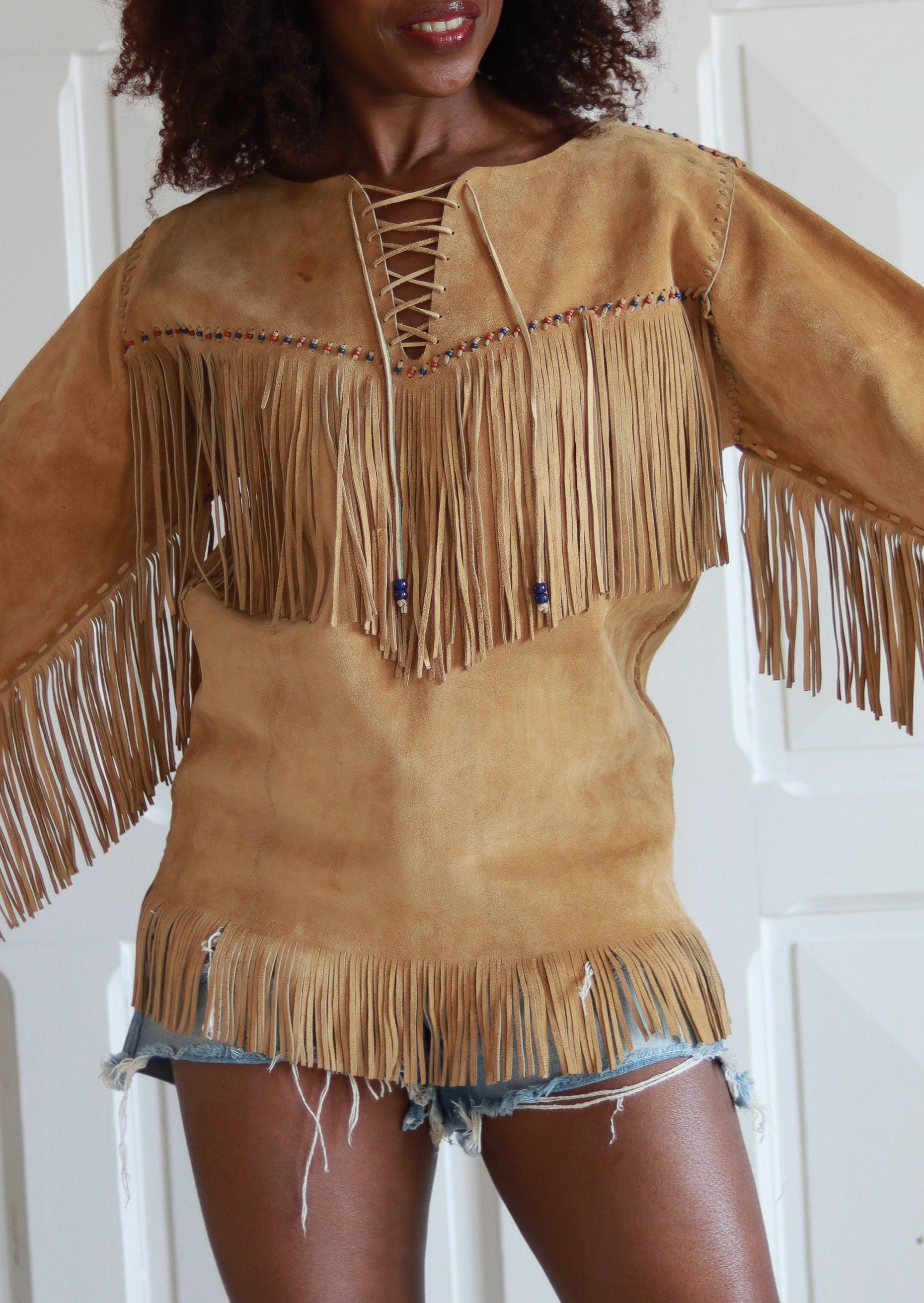 Tunique a franges en cuir daim vintage imodi