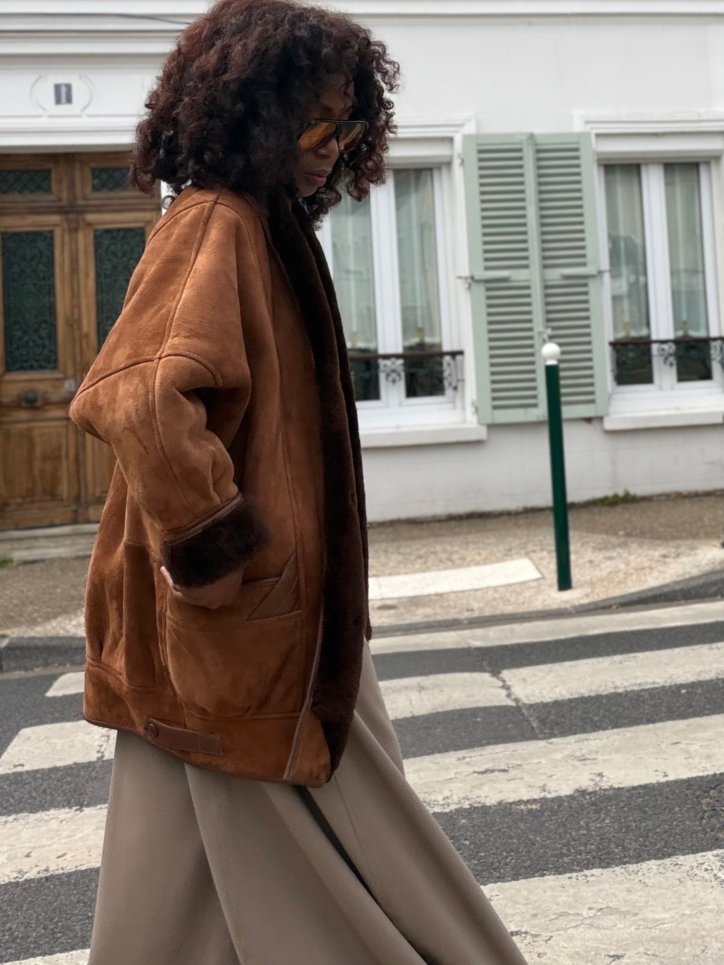 Manteau peau lainée vintage marron