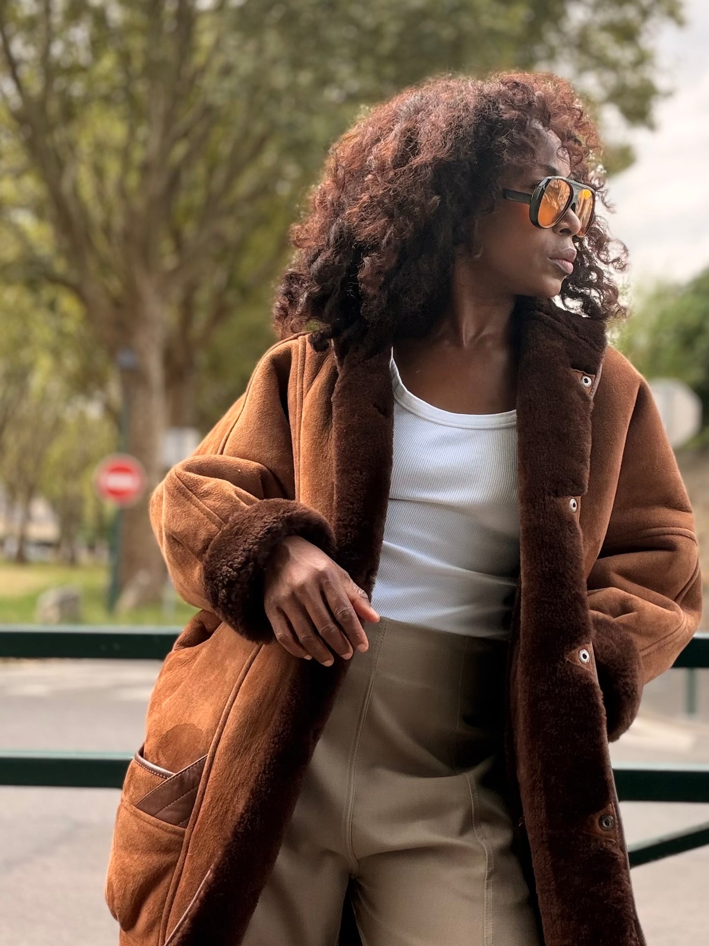 Manteau peau lainée vintage marron