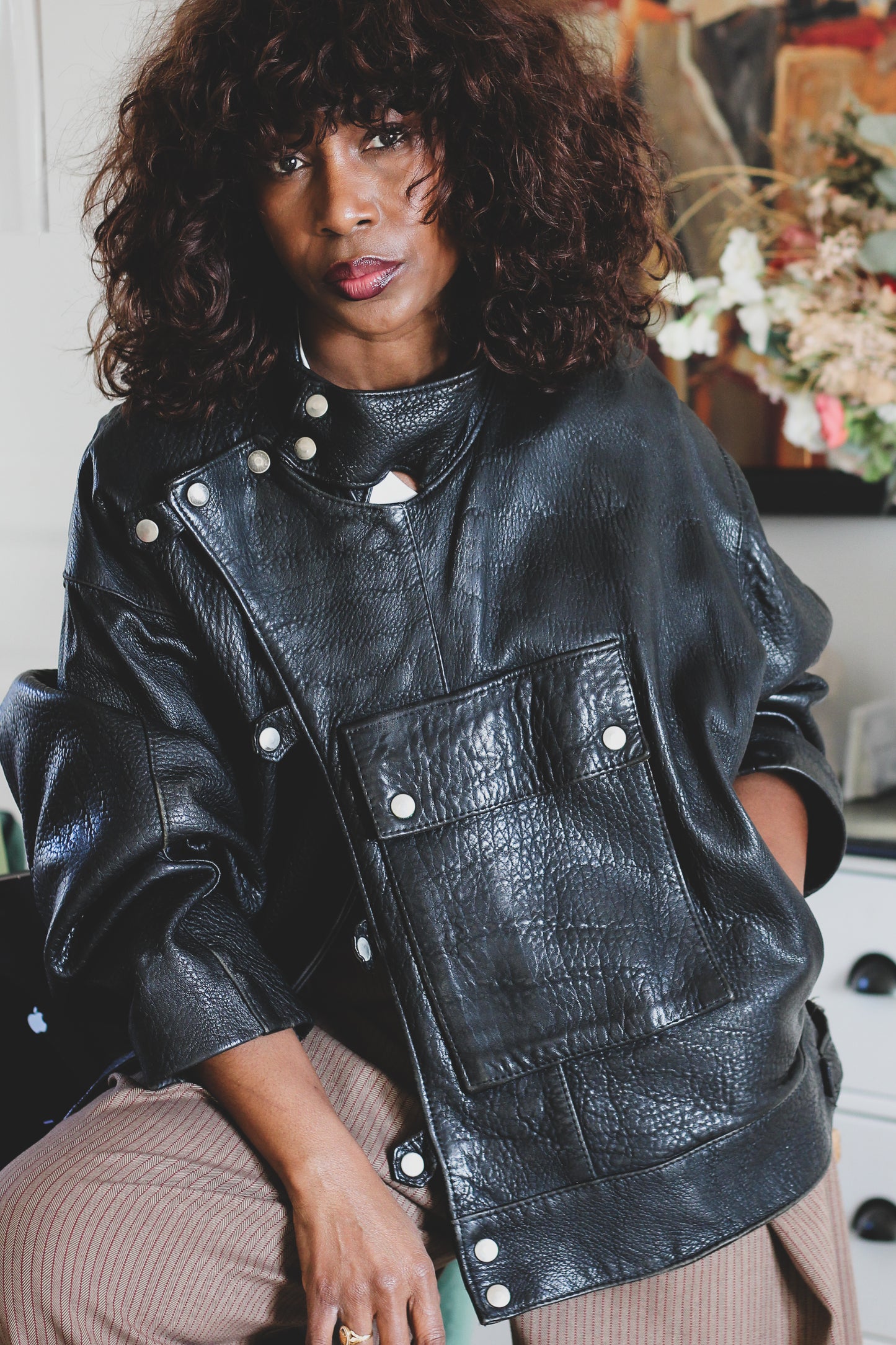 Blouson cuir vintage col montant
