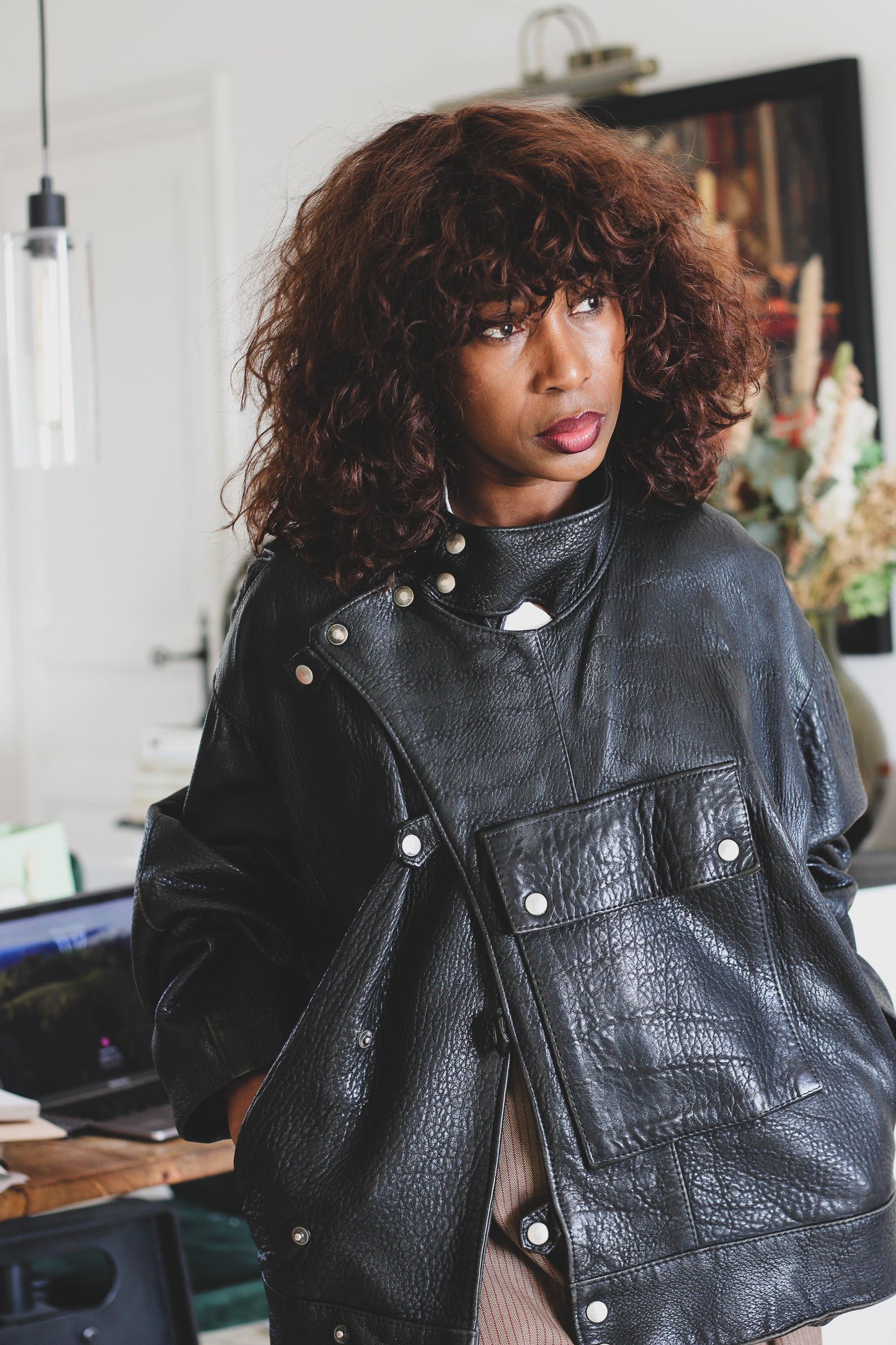 Blouson cuir vintage col montant