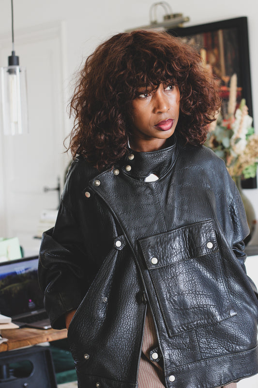 Blouson cuir vintage col montant