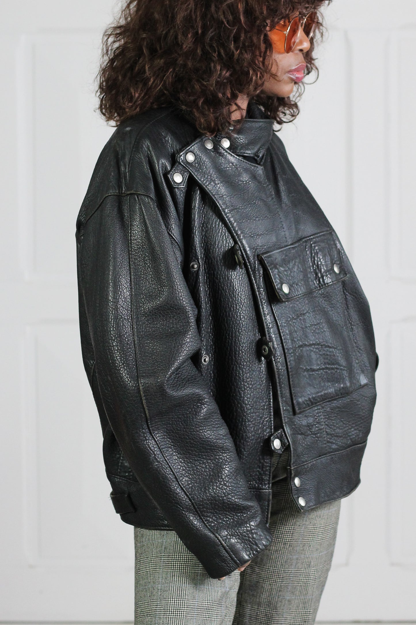 Blouson cuir vintage col montant