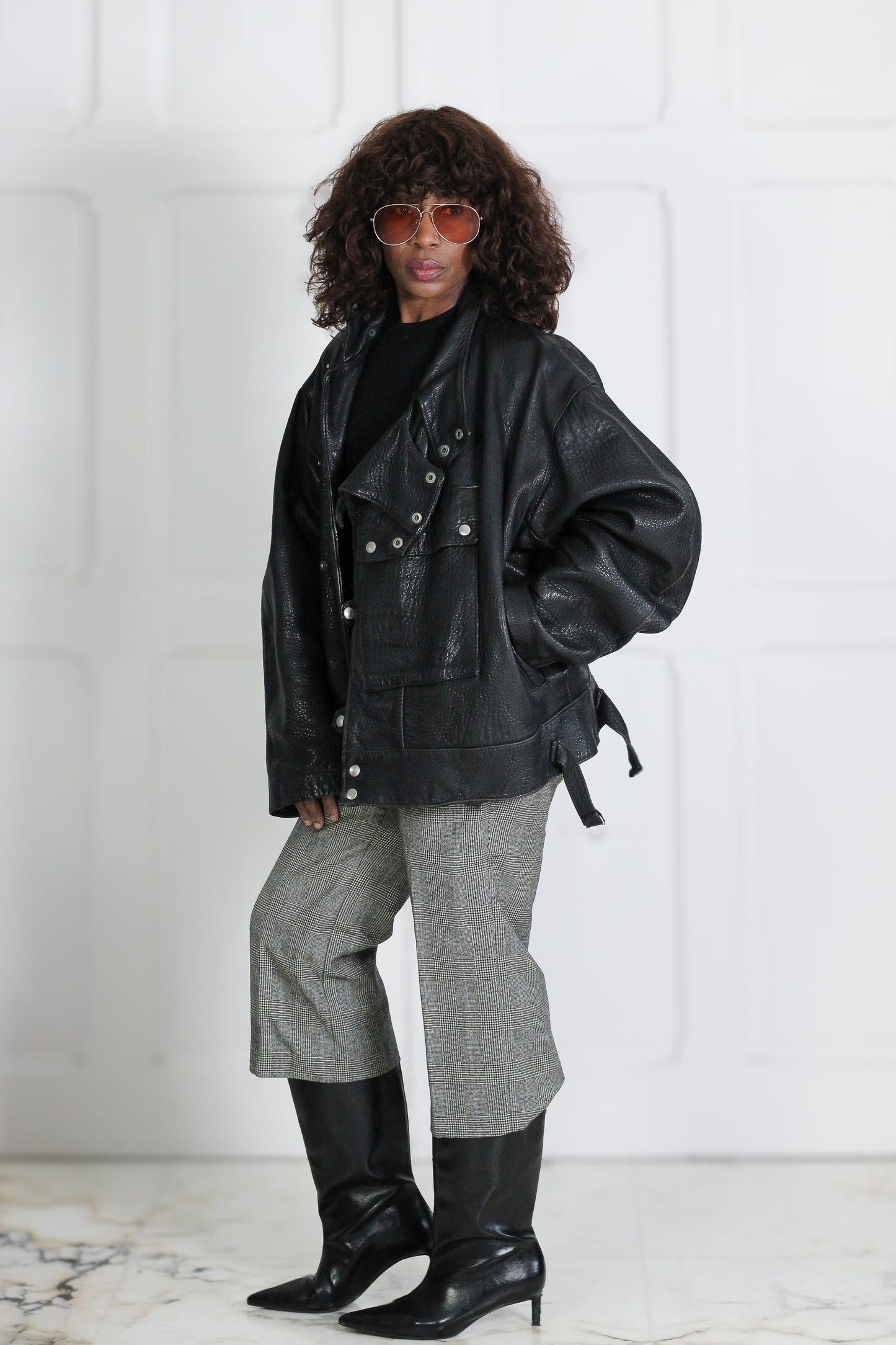 Blouson cuir vintage col montant