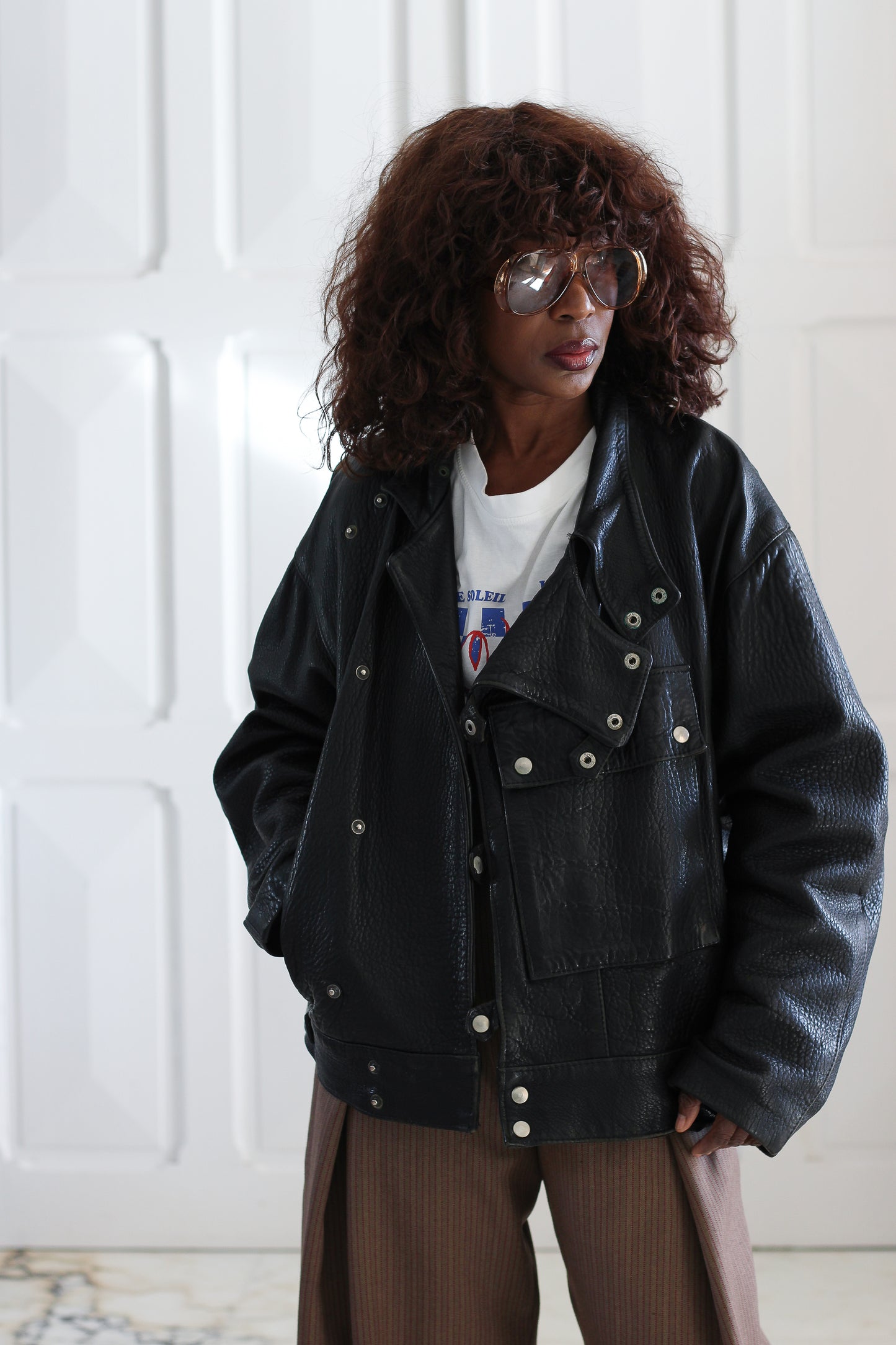 Blouson cuir vintage col montant