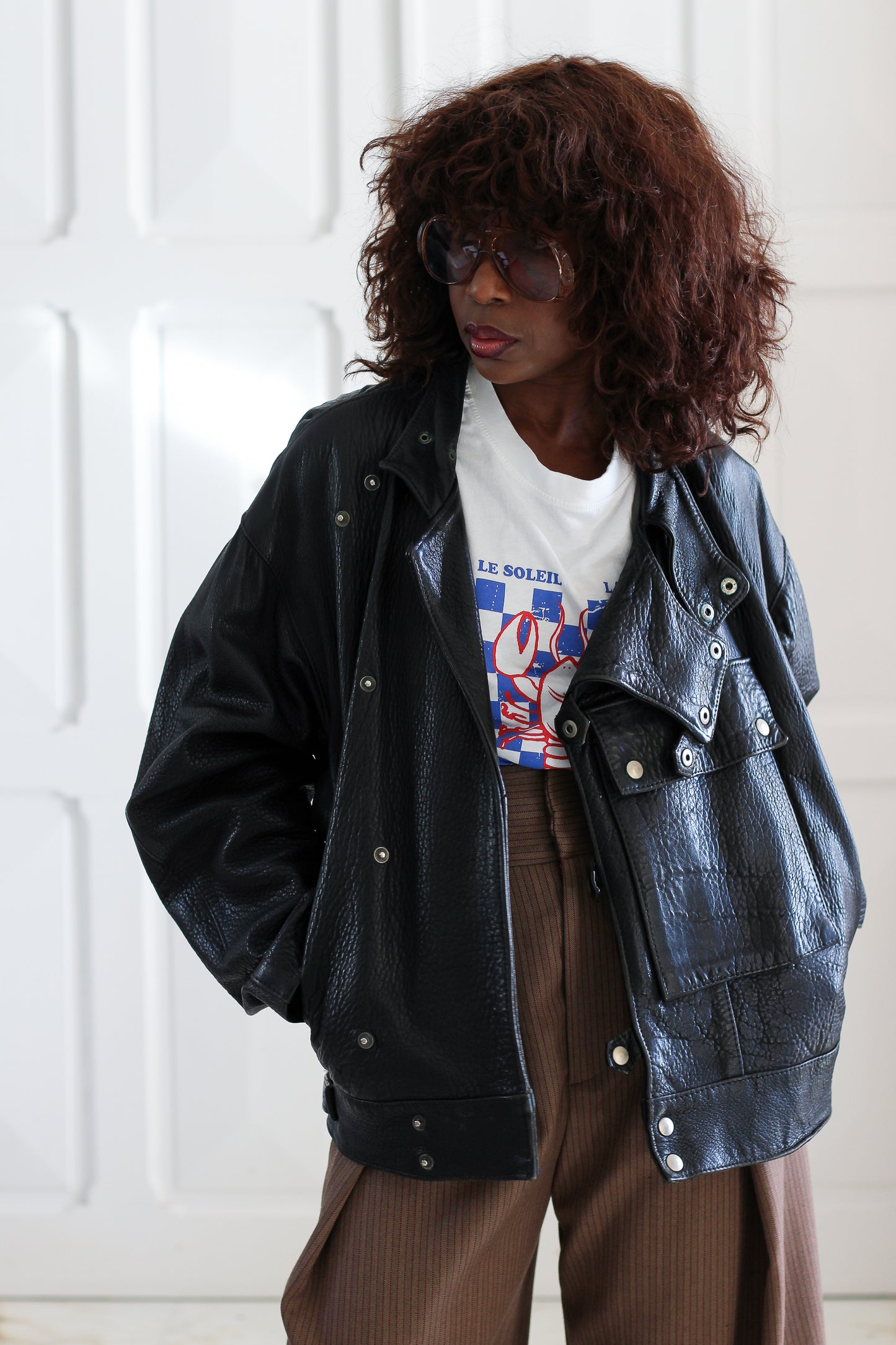 Blouson cuir vintage col montant