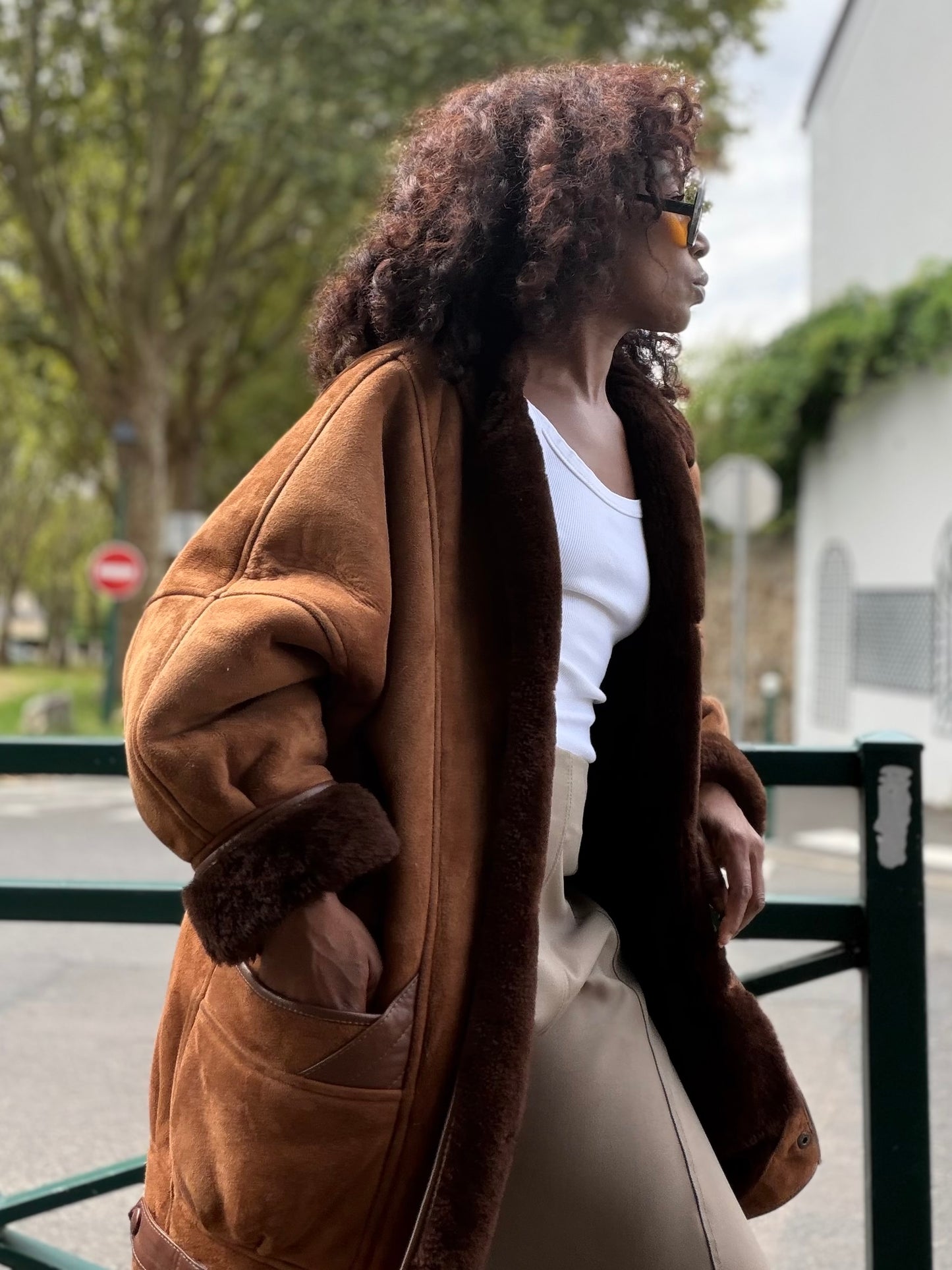 Manteau peau lainée vintage marron
