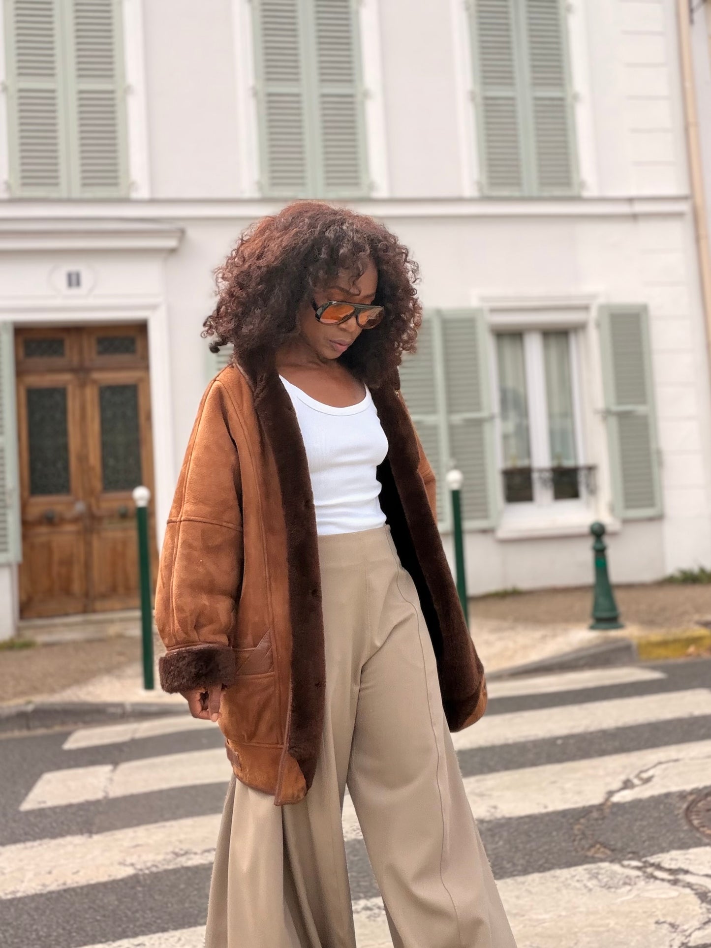 Manteau peau lainée vintage marron