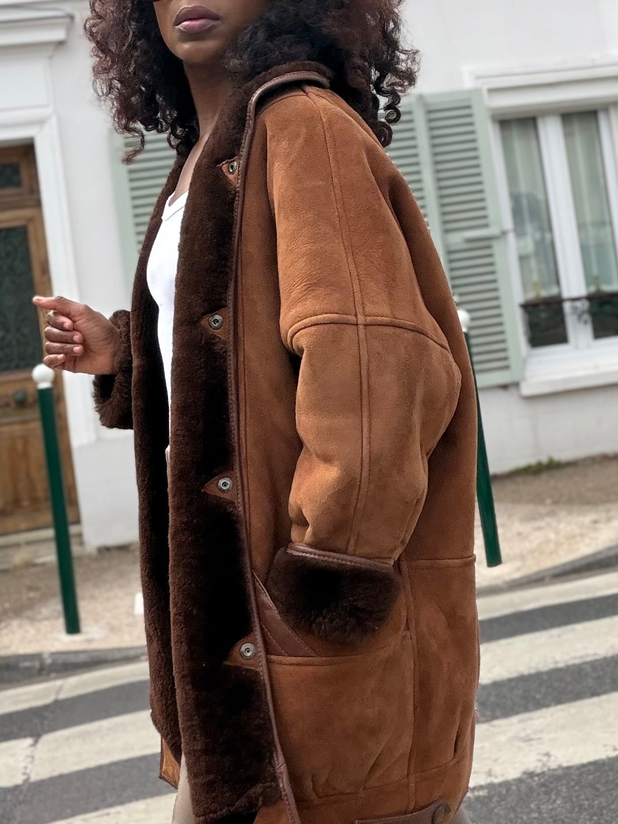 Manteau peau lainée vintage marron