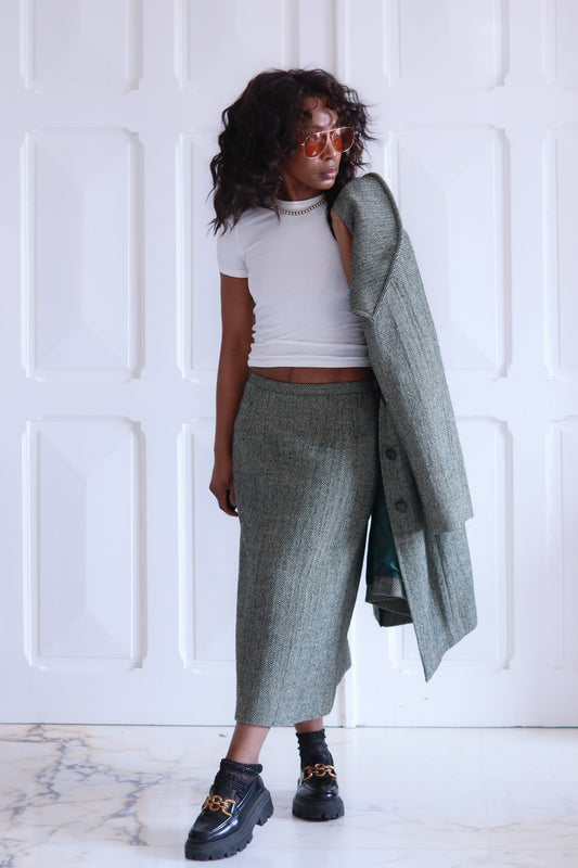 Cousue main ensemble jupe laine tweed