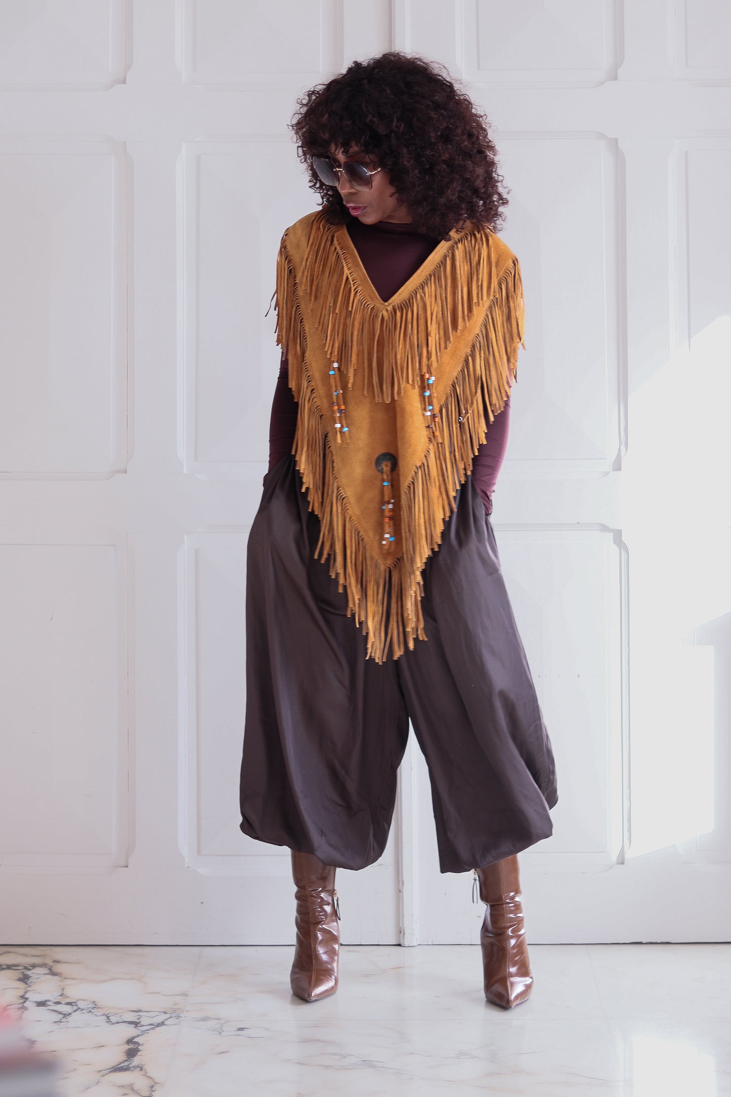 Poncho à franges cuir daim