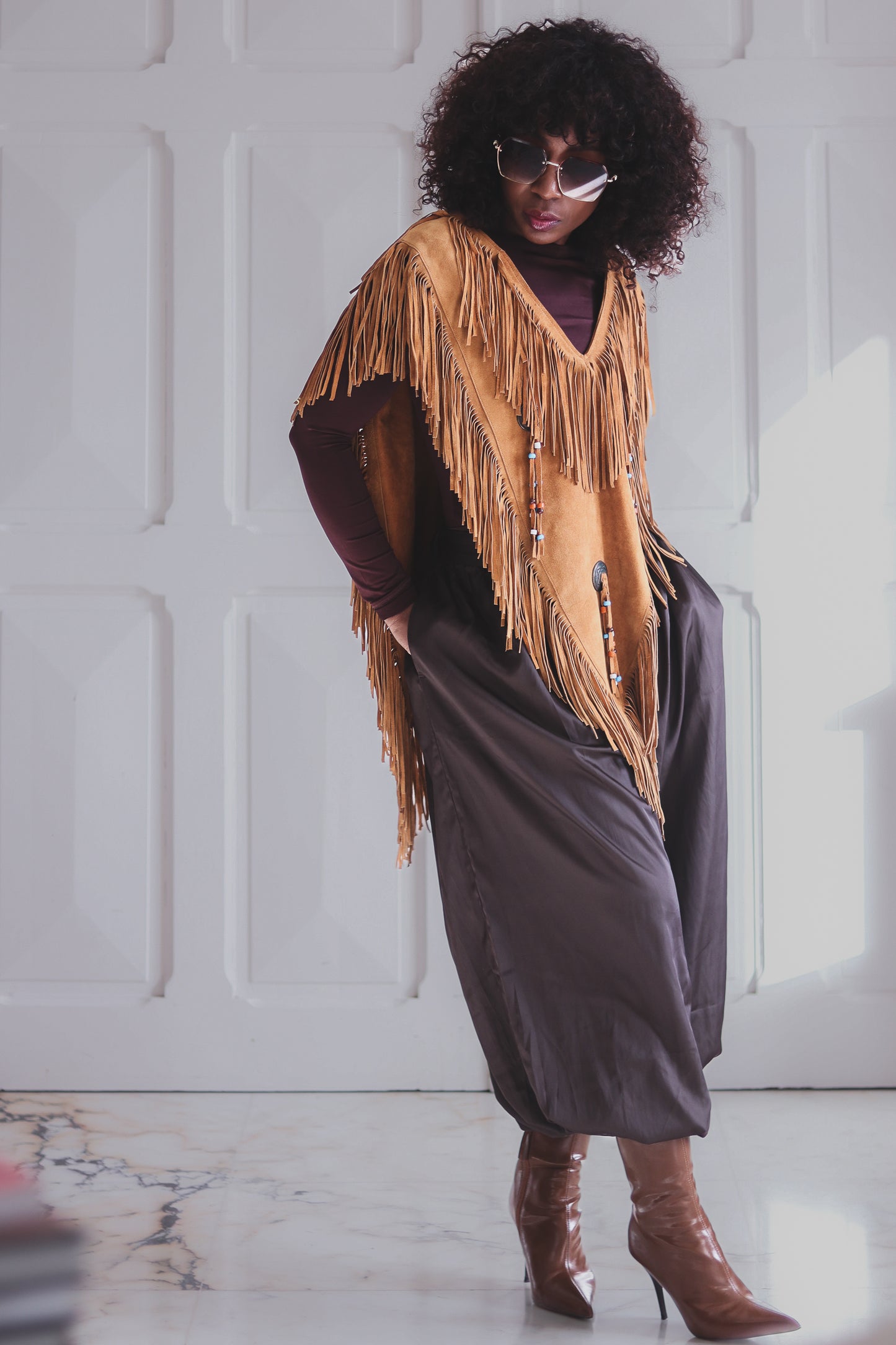 Poncho à franges cuir daim