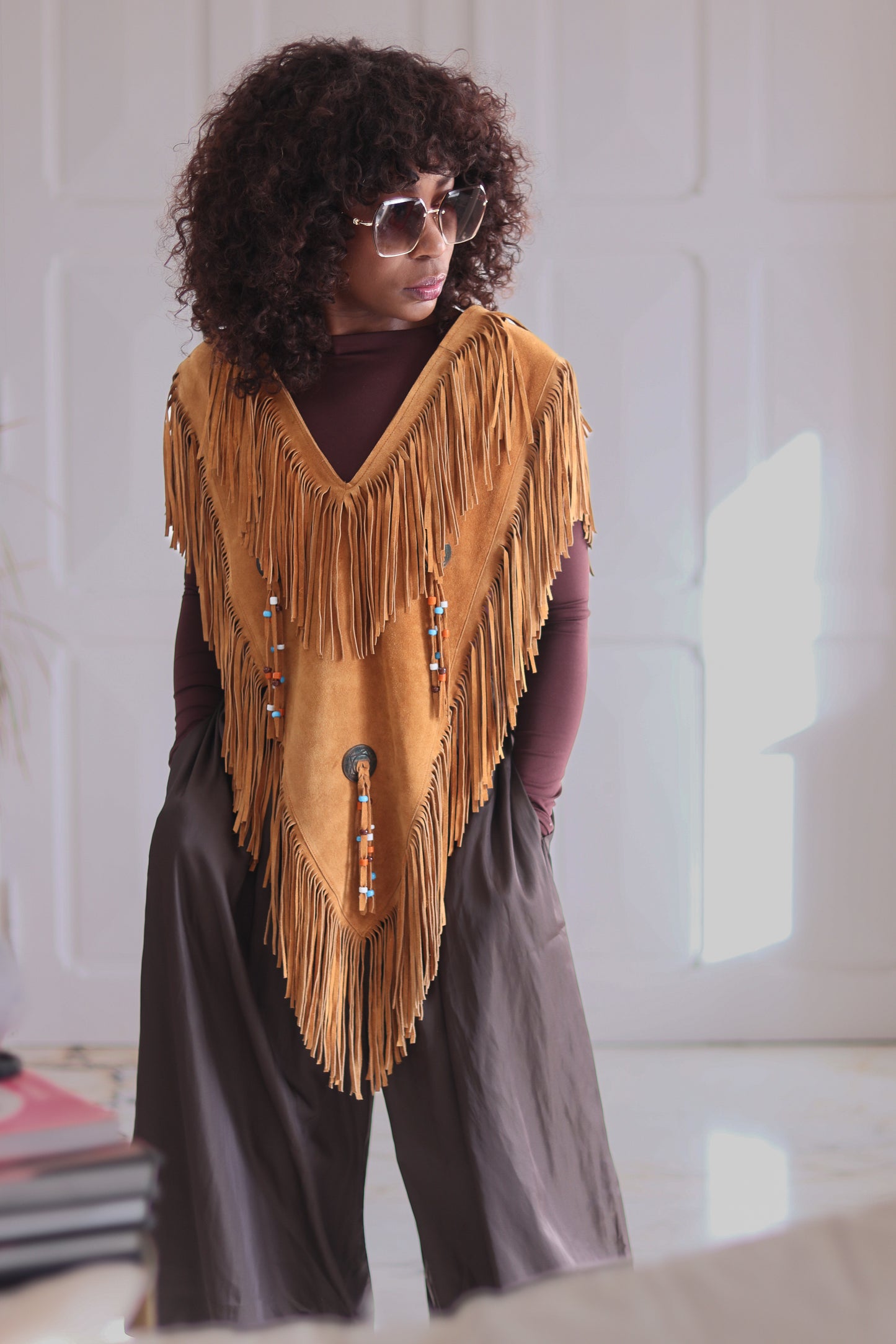 Poncho à franges cuir daim