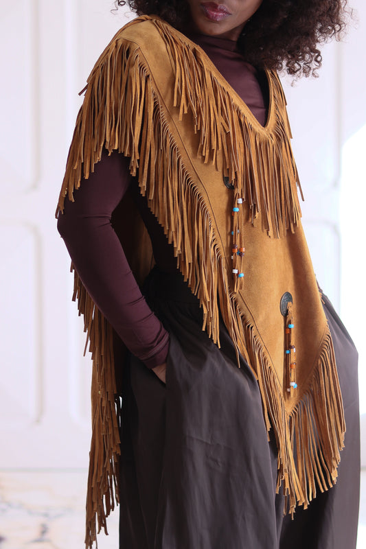 Poncho à franges cuir daim