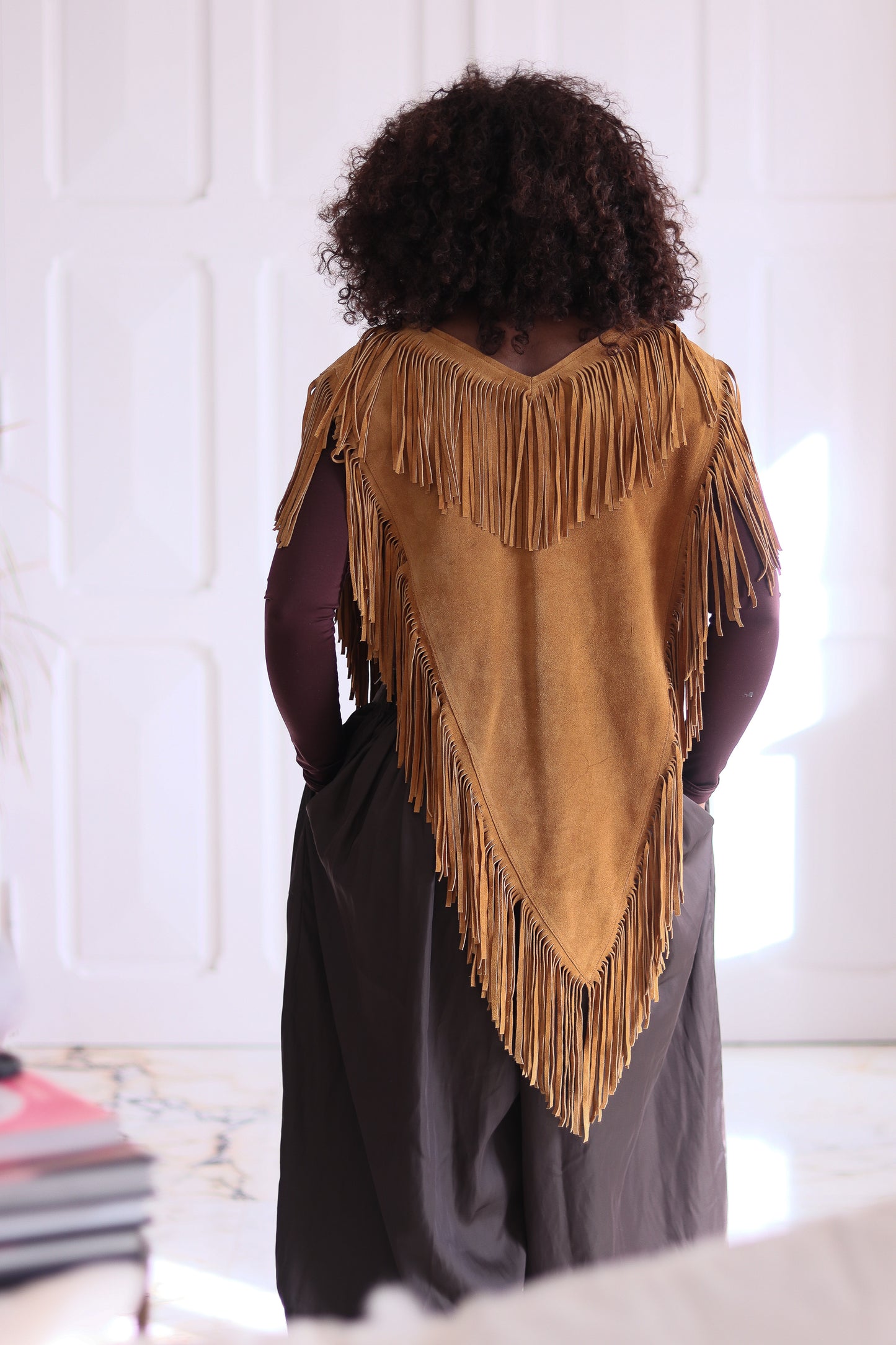 Poncho à franges cuir daim