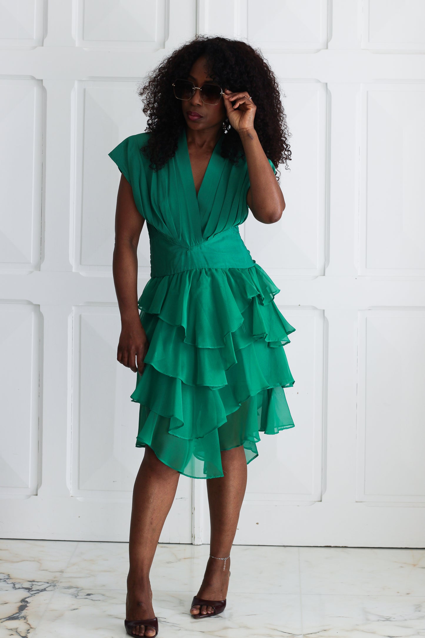 Robe vintage verte à volants, création française