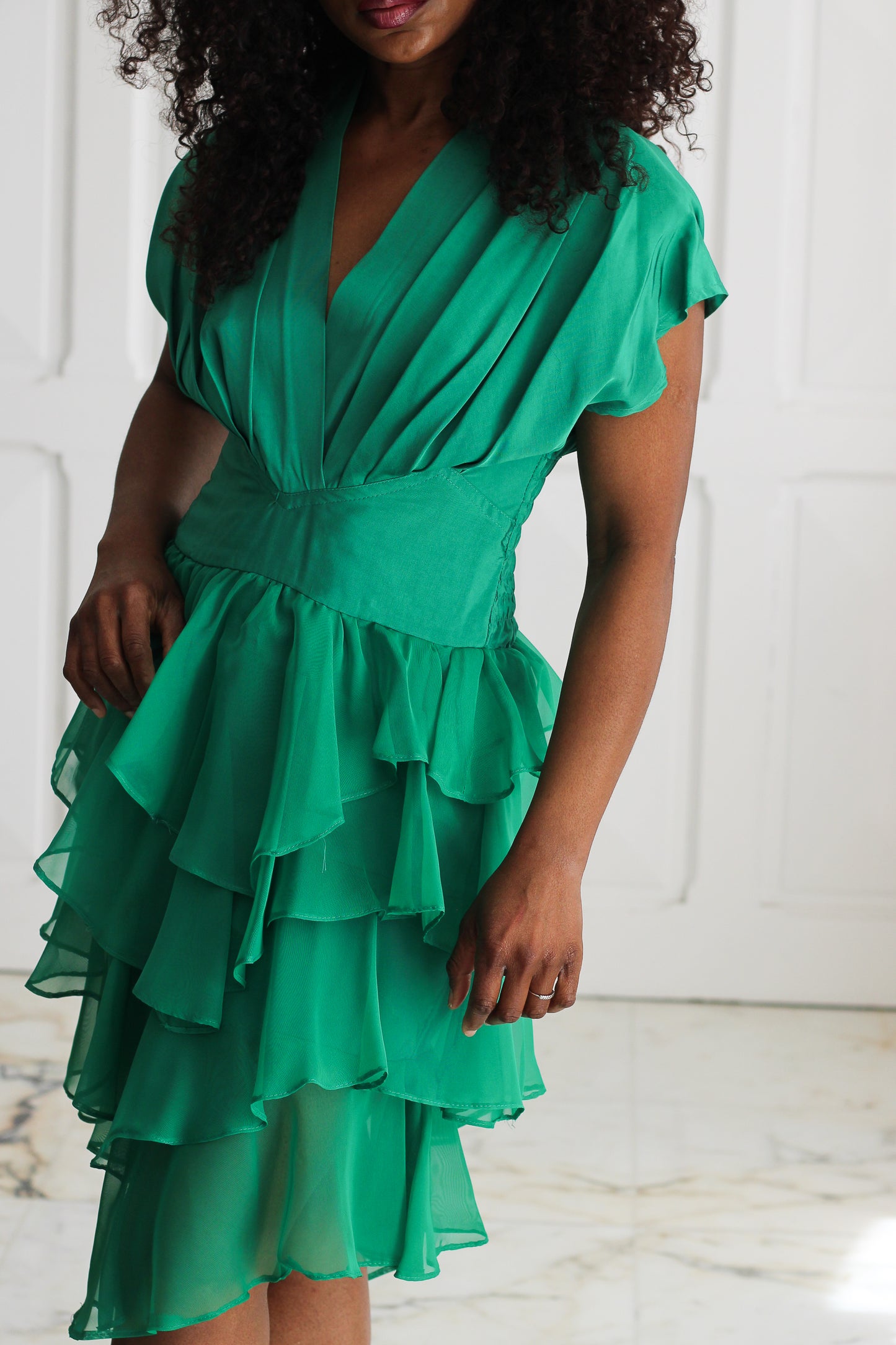 Robe vintage verte à volants, création française