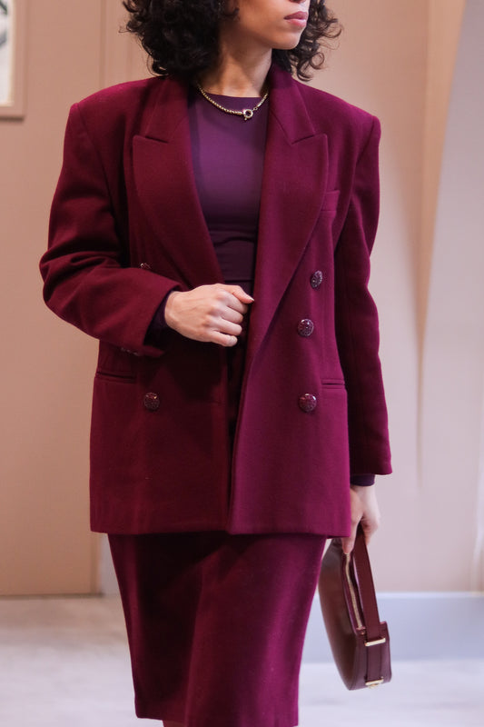 Tailleur jupe en laine rouge aubergine
