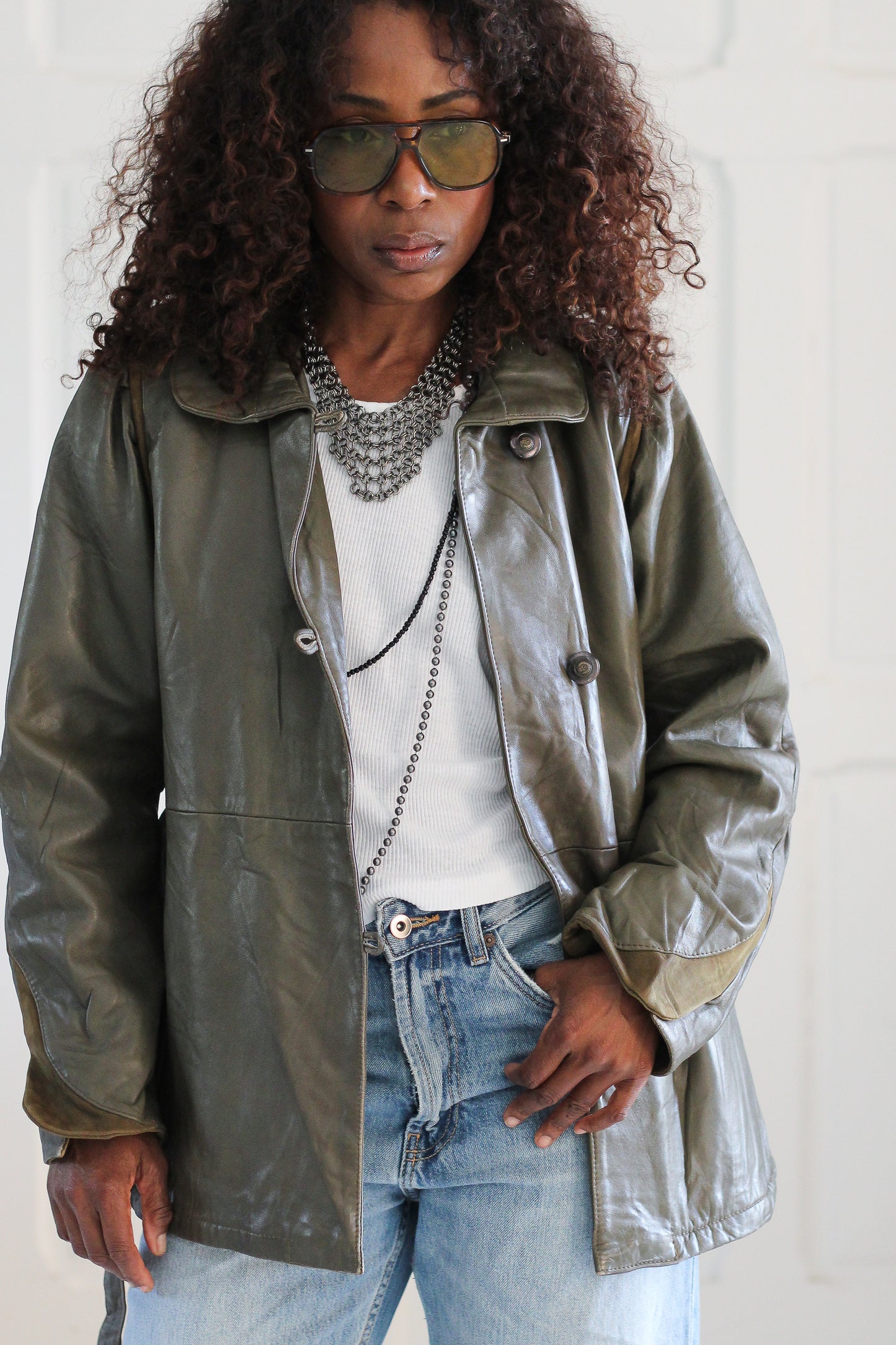 Veste cuir vert kaki