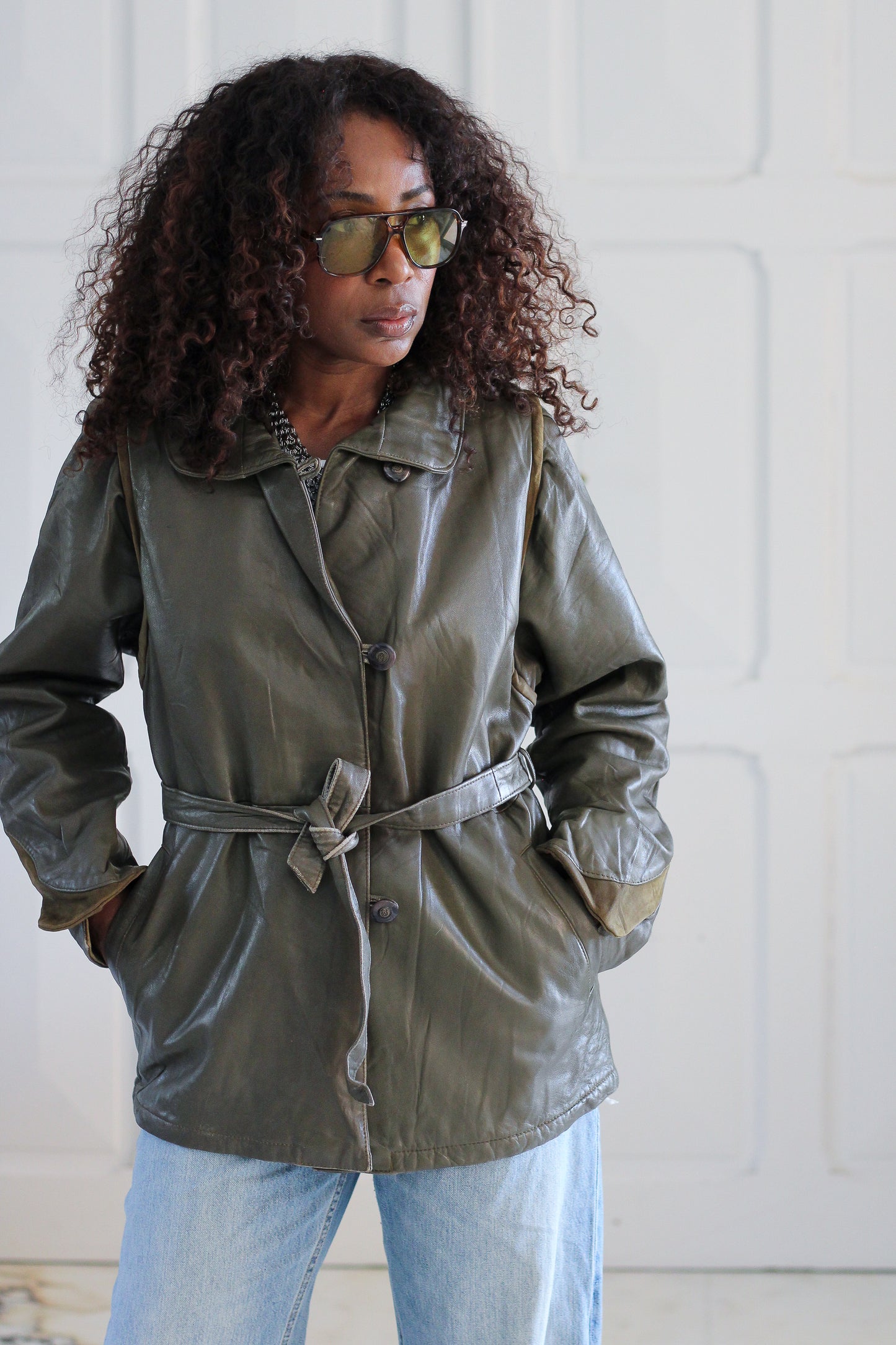 Veste cuir vert kaki
