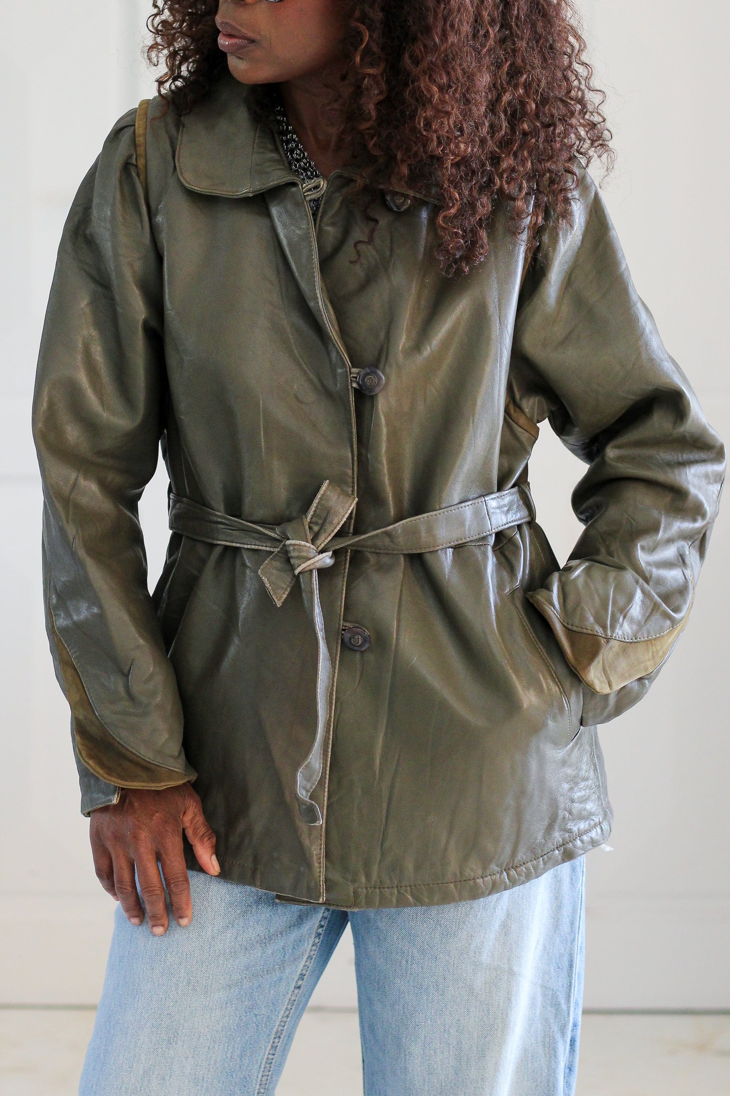 Veste cuir vert kaki