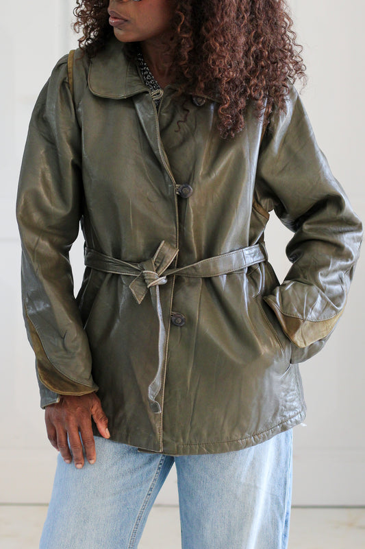Veste cuir vert kaki