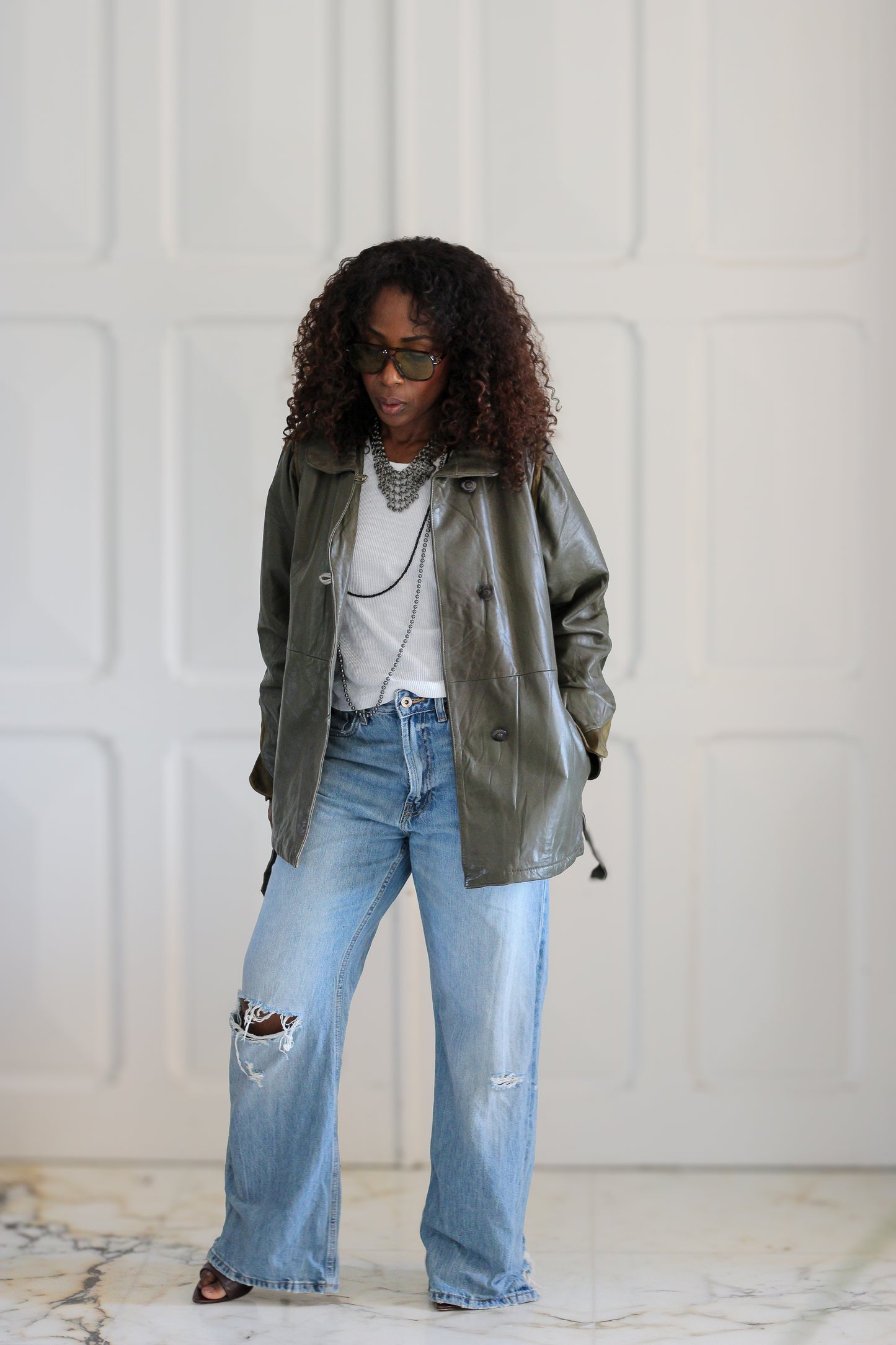Veste cuir vert kaki