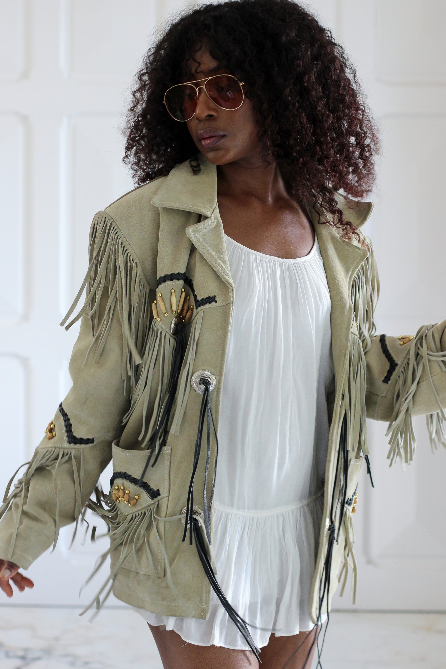 Echo veste à frange en cuir velours