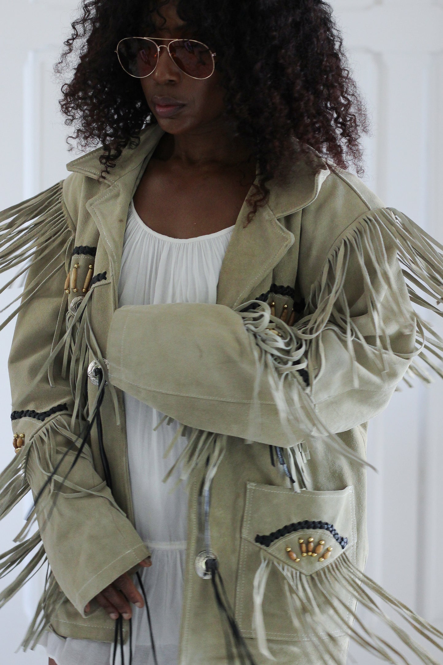 Echo veste à frange en cuir velours