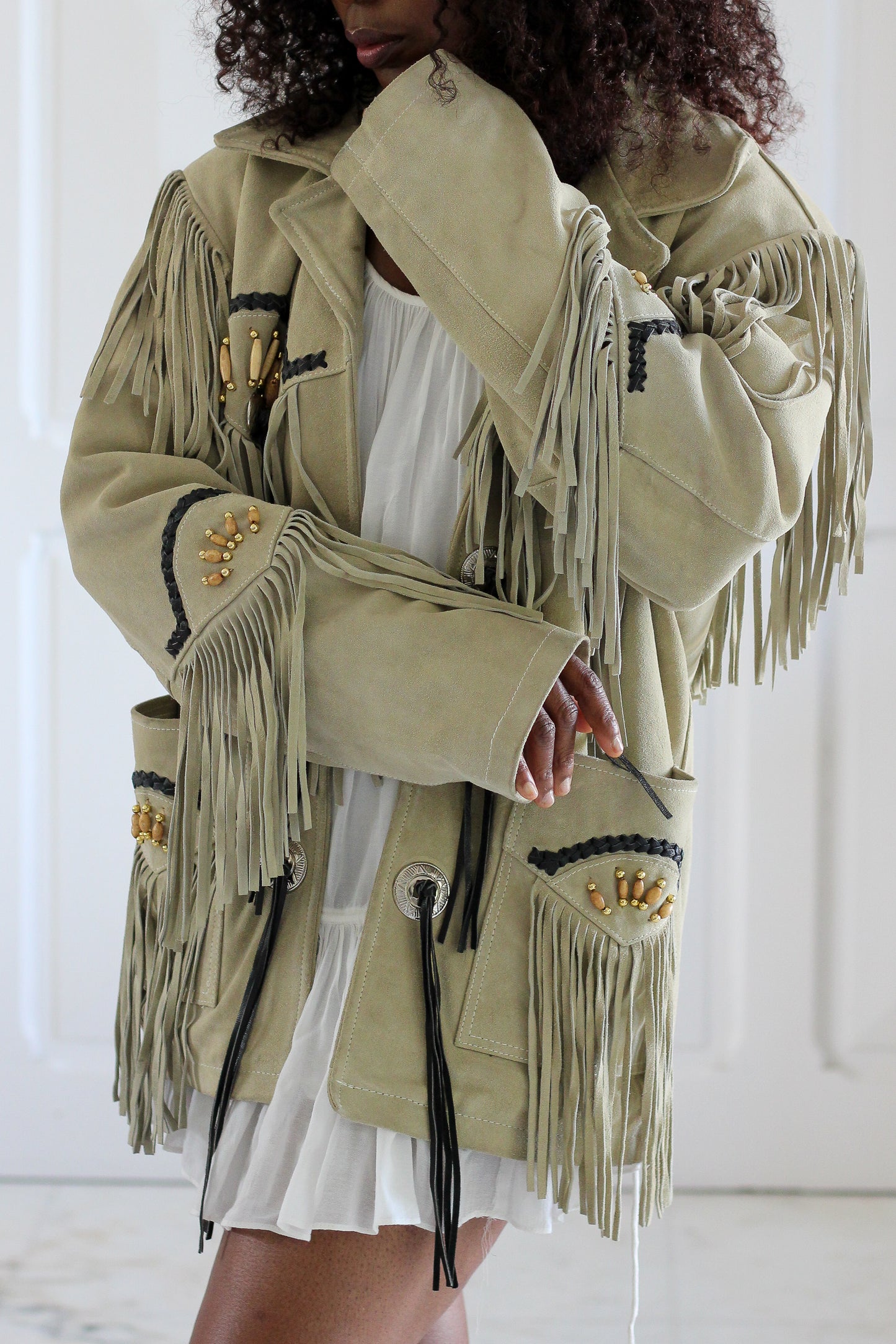 Echo veste à frange en cuir velours